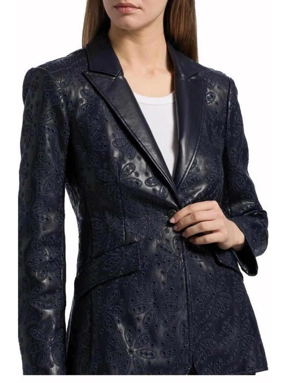 CINQ À SEPT Cheyenne Embroidered Eyelet Size 4 Faux Leather Blazer Navy NWT #W3 - Picture 8 of 13